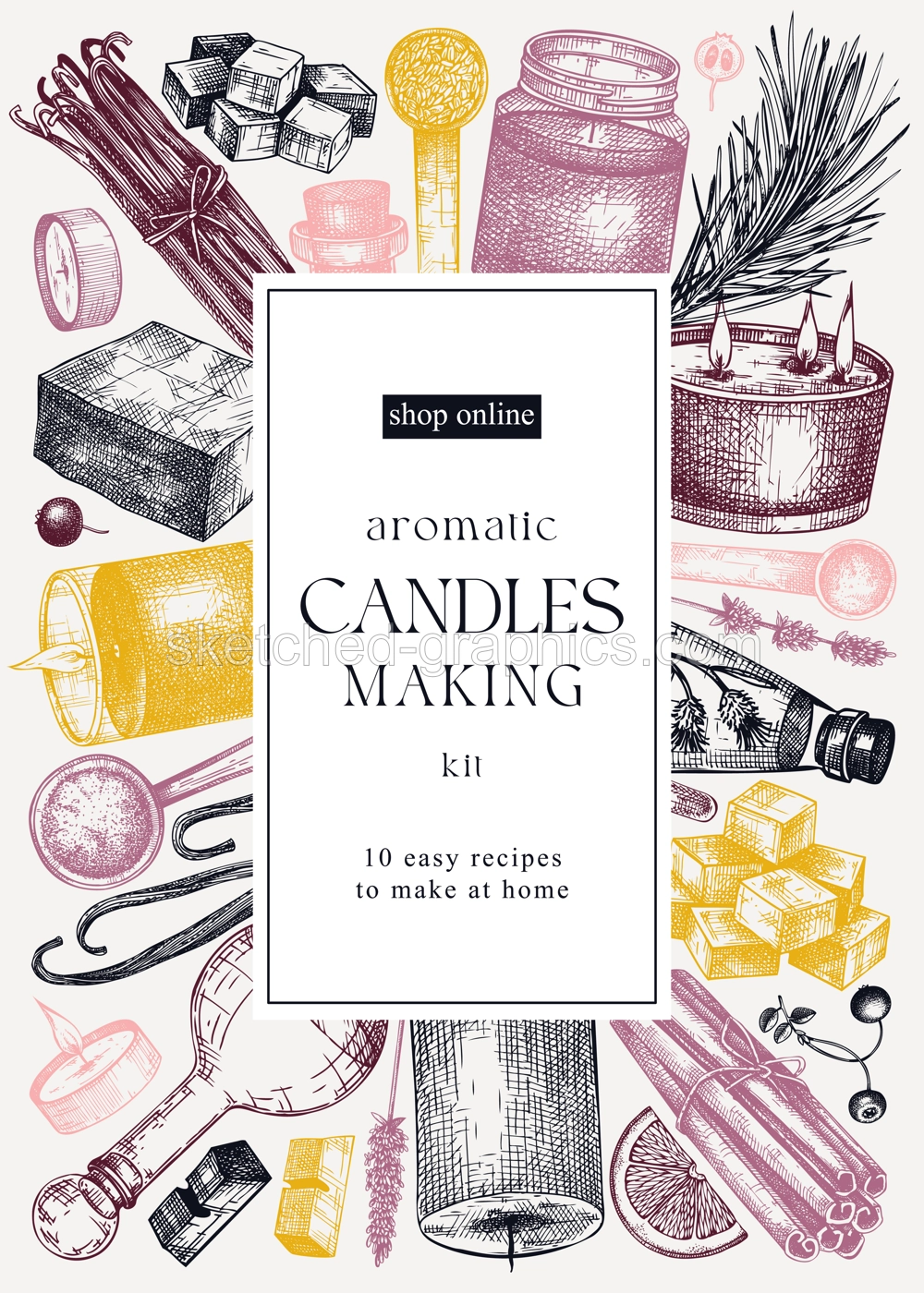 Scented candles card or flyer design. Hand-sketched aromatic materials and natural ingredients for candle making, cosmetics, perfumery. Great template for branding, packaging, identity, web banners.  Illustration